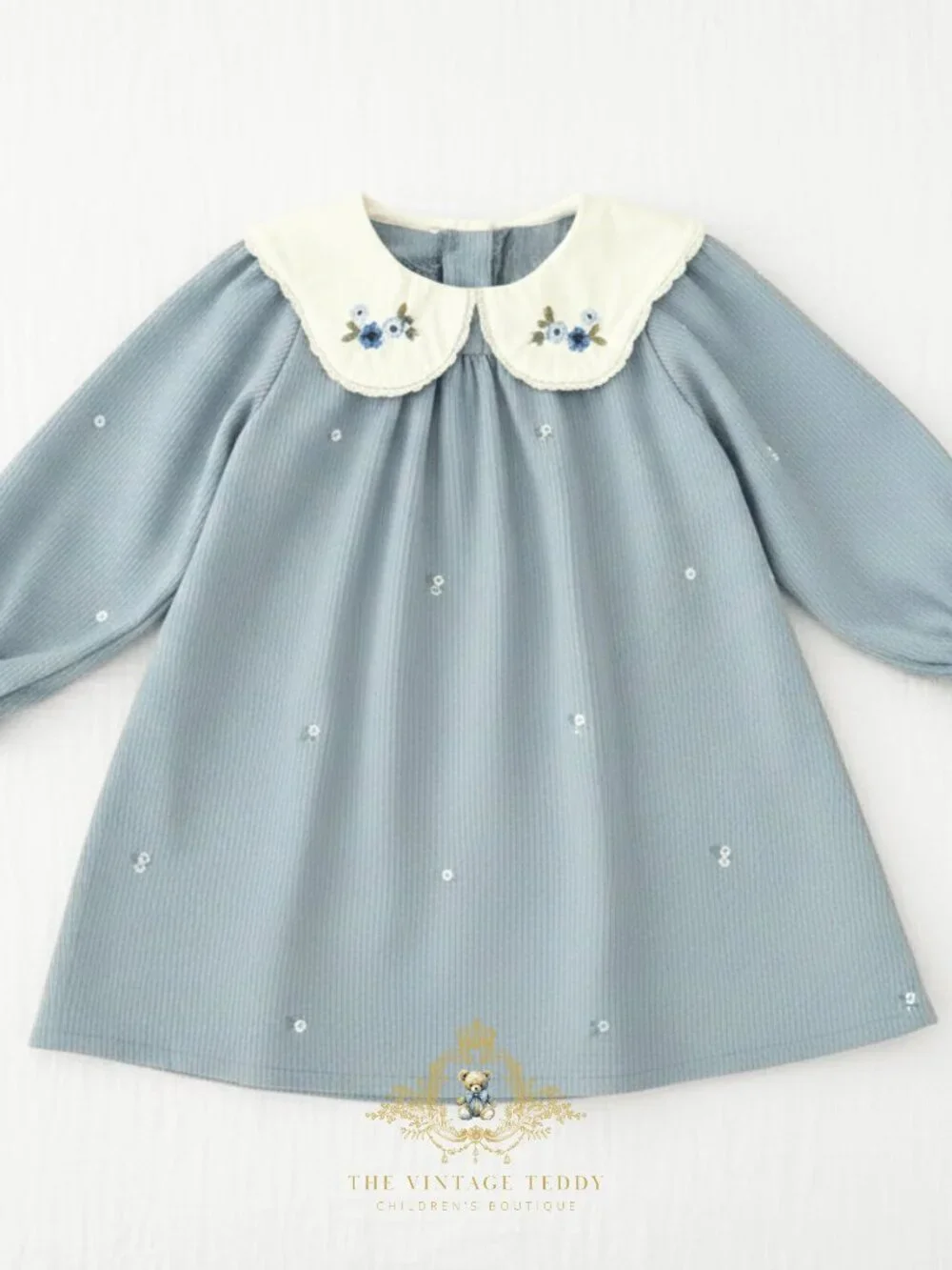 NWT Pretty Girls Floral Embroidered Bib Collar Long Sleeve Dress Corduroy 18-24M